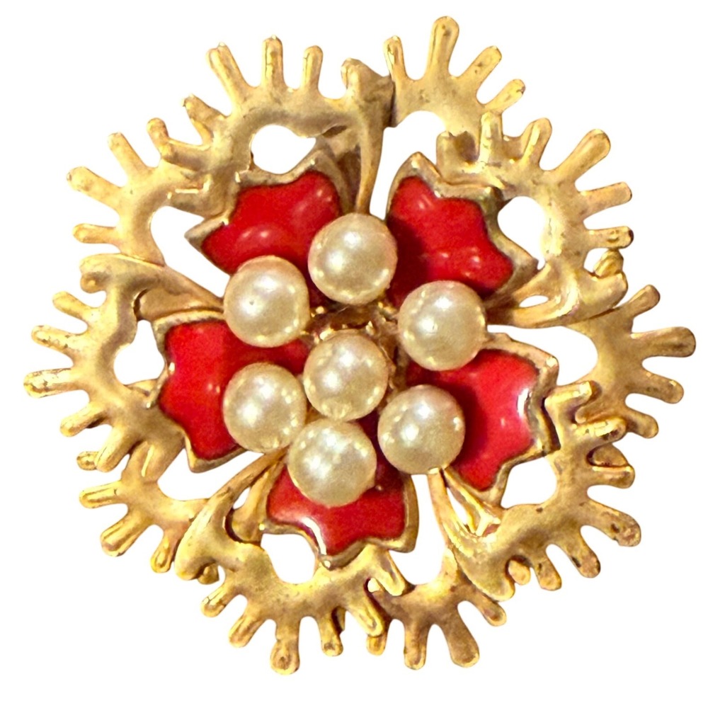 Gold Tone Red Flower Brooch Pin Faux Pearls Vintage‎ Style